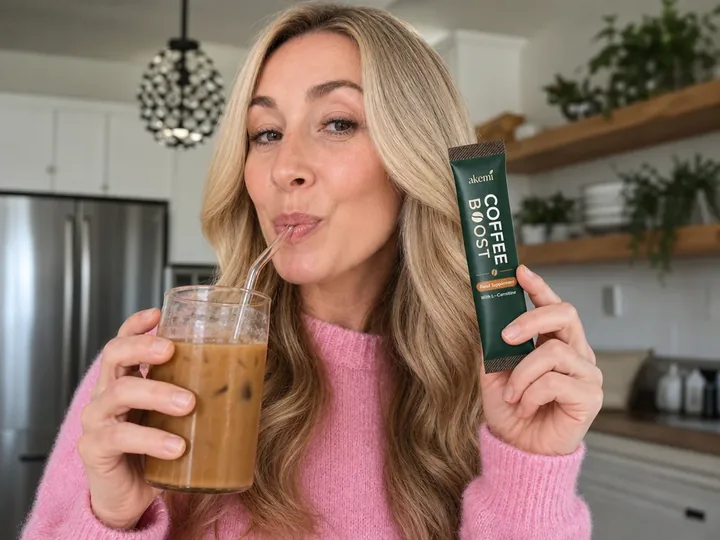 Amy B. in her kitchen drinking an iced coffee through a straw and holding up a sachet of Akemi Coffee Boost.